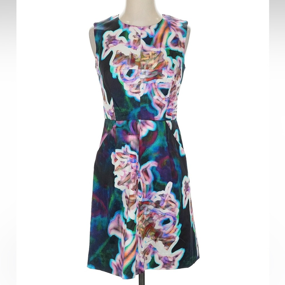 Milly Green Purple Teal Abstract Print Dress Modern Retro Contemporary Size 2 XS